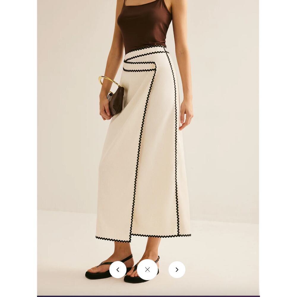 NWT  Commense Cotton & Linen Wave Trim Midi Skirt Sz L